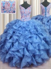 Perfect Ruffled V-neck Sleeveless Lace Up Vestidos de Quinceanera Baby Blue Organza