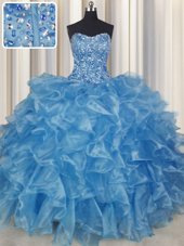 Visible Boning Baby Blue Lace Up Strapless Beading and Ruffles Quinceanera Dresses Organza Sleeveless