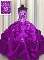 Elegant Sleeveless Taffeta Floor Length Lace Up Sweet 16 Quinceanera Dress in Eggplant Purple for with Beading and Appliques and Embroidery