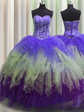 Custom Designed Visible Boning Ball Gowns Strapless Sleeveless Organza Floor Length Lace Up Beading and Ruffles Quince Ball Gowns