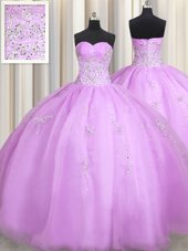 Pretty Lilac Sleeveless Beading and Appliques Floor Length 15th Birthday Dress