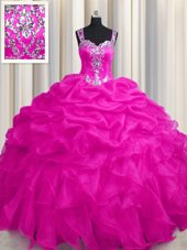 Flare See Through Zipper Up Sleeveless Appliques and Ruffles and Ruffled Layers Zipper Quince Ball Gowns
