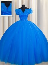 Fine Royal Blue Tulle Lace Up Off The Shoulder Short Sleeves With Train Vestidos de Quinceanera Court Train Ruching