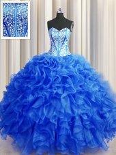 Visible Boning Beaded Bodice Royal Blue Sleeveless Beading and Ruffles Floor Length Quinceanera Gowns