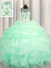 Customized V Neck Blue Sleeveless Floor Length Appliques and Ruffles Lace Up Ball Gown Prom Dress
