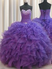 Cute Beaded Bust Purple Lace Up Sweetheart Beading and Ruffles Ball Gown Prom Dress Organza Sleeveless