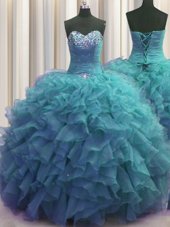 Luxury Beaded Bust Sleeveless Floor Length Beading and Ruffles Lace Up Sweet 16 Dresses with Teal
