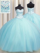 Bling-bling Big Puffy Floor Length Lace Up Quinceanera Gown Aqua Blue and In for Military Ball and Sweet 16 and Quinceanera with Beading