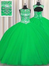 Scoop Floor Length Green Ball Gown Prom Dress Tulle Sleeveless Beading