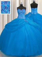 Charming Really Puffy Blue Lace Up Sweetheart Beading 15th Birthday Dress Tulle Sleeveless