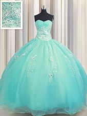 High Quality Zipper Up Floor Length Aqua Blue Quinceanera Gowns Organza Sleeveless Beading and Appliques