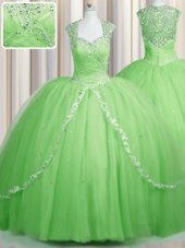 Zipper Up Yellow Green Ball Gowns Sweetheart Cap Sleeves Tulle With Brush Train Zipper Beading and Appliques Quinceanera Dresses