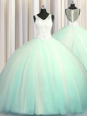 Big Puffy Zipper Up With Train Apple Green Quinceanera Dress Tulle Brush Train Sleeveless Beading and Appliques