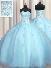 Glorious Big Puffy Baby Blue Sleeveless Beading and Appliques Floor Length Quinceanera Dress