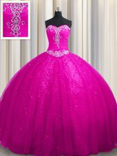 Sequined Fuchsia Quinceanera Dresses Military Ball and Sweet 16 and Quinceanera and For with Beading and Appliques Sweetheart Sleeveless Court Train Lace Up
