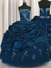 Pick Ups Embroidery Teal Sleeveless Taffeta Lace Up Vestidos de Quinceanera for Military Ball and Sweet 16 and Quinceanera