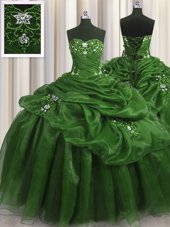 Smart Sweetheart Sleeveless Vestidos de Quinceanera Floor Length Beading and Appliques and Pick Ups Green Organza