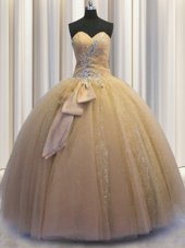 Sequined Sleeveless Beading and Bowknot Lace Up Quince Ball Gowns