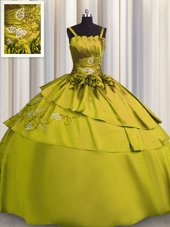 Low Price Embroidery Spaghetti Straps Sleeveless Lace Up Quinceanera Dress Olive Green Satin