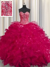 Cheap See Through Coral Red Sleeveless Floor Length Beading and Ruffles Lace Up Quinceanera Gowns