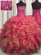 Visible Boning Beaded Bodice Multi-color Organza Lace Up Quinceanera Gowns Sleeveless Floor Length Beading and Ruffles