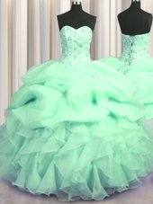 Exquisite Visible Boning Bling-bling Beading and Ruffles Quinceanera Gown Rose Pink Lace Up Sleeveless With Brush Train