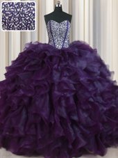 Visible Boning Bling-bling Brush Train Ball Gowns 15 Quinceanera Dress Dark Purple Sweetheart Organza Sleeveless With Train Lace Up