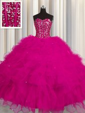 Dazzling Visible Boning Floor Length Fuchsia 15 Quinceanera Dress Tulle Sleeveless Beading and Ruffles and Sequins