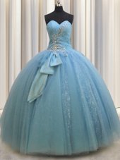 Wonderful Baby Blue Ball Gowns Beading and Sequins and Bowknot Vestidos de Quinceanera Lace Up Tulle Sleeveless Floor Length