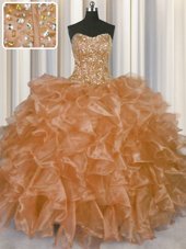 Custom Made Visible Boning Champagne Sleeveless Floor Length Beading and Ruffles Lace Up Sweet 16 Quinceanera Dress