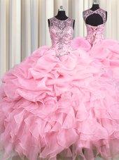 Scoop See Through Baby Pink Lace Up 15 Quinceanera Dress Beading and Ruffles and Pick Ups Sleeveless Floor Length