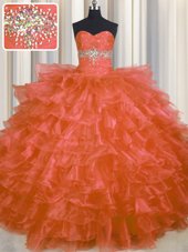 Fitting Floor Length Lace Up Vestidos de Quinceanera Orange Red and In for Military Ball and Sweet 16 and Quinceanera with Beading and Ruffled Layers