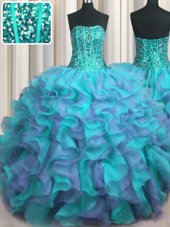 Visible Boning Beaded Bodice Strapless Sleeveless Lace Up Ball Gown Prom Dress Multi-color Organza