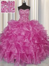 Visible Boning Fuchsia Lace Up Quince Ball Gowns Beading and Ruffles Sleeveless Floor Length