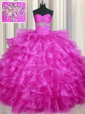 Lovely Beading and Ruffled Layers Quinceanera Gowns Fuchsia Lace Up Sleeveless Floor Length