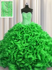 Visible Boning Green Sweetheart Neckline Beading and Ruffles Quinceanera Gowns Sleeveless Lace Up