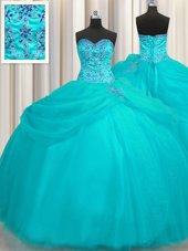 Puffy Skirt Sweetheart Sleeveless Lace Up 15 Quinceanera Dress Aqua Blue Organza