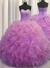 Beauteous Court Train Ball Gowns Beading and Pick Ups Quinceanera Dress Lace Up Organza Sleeveless With Train