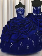 Best Selling Pick Ups Embroidery Strapless Sleeveless Lace Up Sweet 16 Quinceanera Dress Royal Blue Taffeta