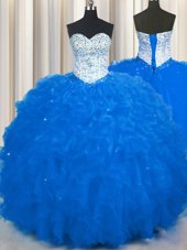 Tulle Sweetheart Sleeveless Lace Up Beading and Ruffles Vestidos de Quinceanera in Royal Blue