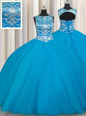 Scoop Tulle Sleeveless Floor Length 15 Quinceanera Dress and Beading