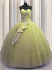 Edgy Light Yellow Lace Up Sweetheart Beading and Sequins and Bowknot Quinceanera Dresses Tulle Sleeveless