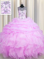Eye-catching See Through Pick Ups Floor Length Lilac Quinceanera Dresses Scoop Sleeveless Lace Up