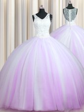 Lovely Zipper Up Lilac Quince Ball Gowns Military Ball and Sweet 16 and Quinceanera and For with Beading V-neck Sleeveless Brush Train Zipper