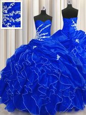 Royal Blue Ball Gowns Organza Sweetheart Sleeveless Beading and Appliques and Ruffles Floor Length Lace Up Quinceanera Dresses