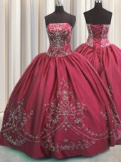 Taffeta Strapless Sleeveless Lace Up Beading and Embroidery Quinceanera Dresses in Coral Red