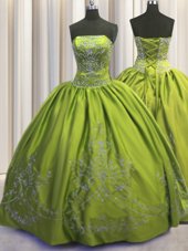 Pretty Embroidery Strapless Sleeveless Lace Up Sweet 16 Quinceanera Dress Olive Green Taffeta