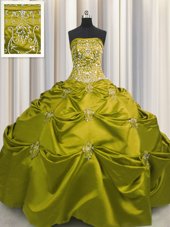 Affordable Sleeveless Taffeta Floor Length Lace Up 15 Quinceanera Dress in Olive Green for with Beading and Appliques and Embroidery