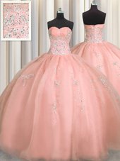 Puffy Skirt Watermelon Red Ball Gowns Beading and Appliques 15th Birthday Dress Zipper Organza Sleeveless Floor Length