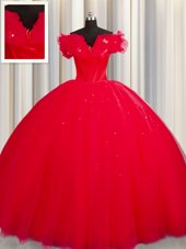 Off The Shoulder With Train Lace Up Quinceanera Dress Red and In for Military Ball and Sweet 16 and Quinceanera with Ruching Court Train